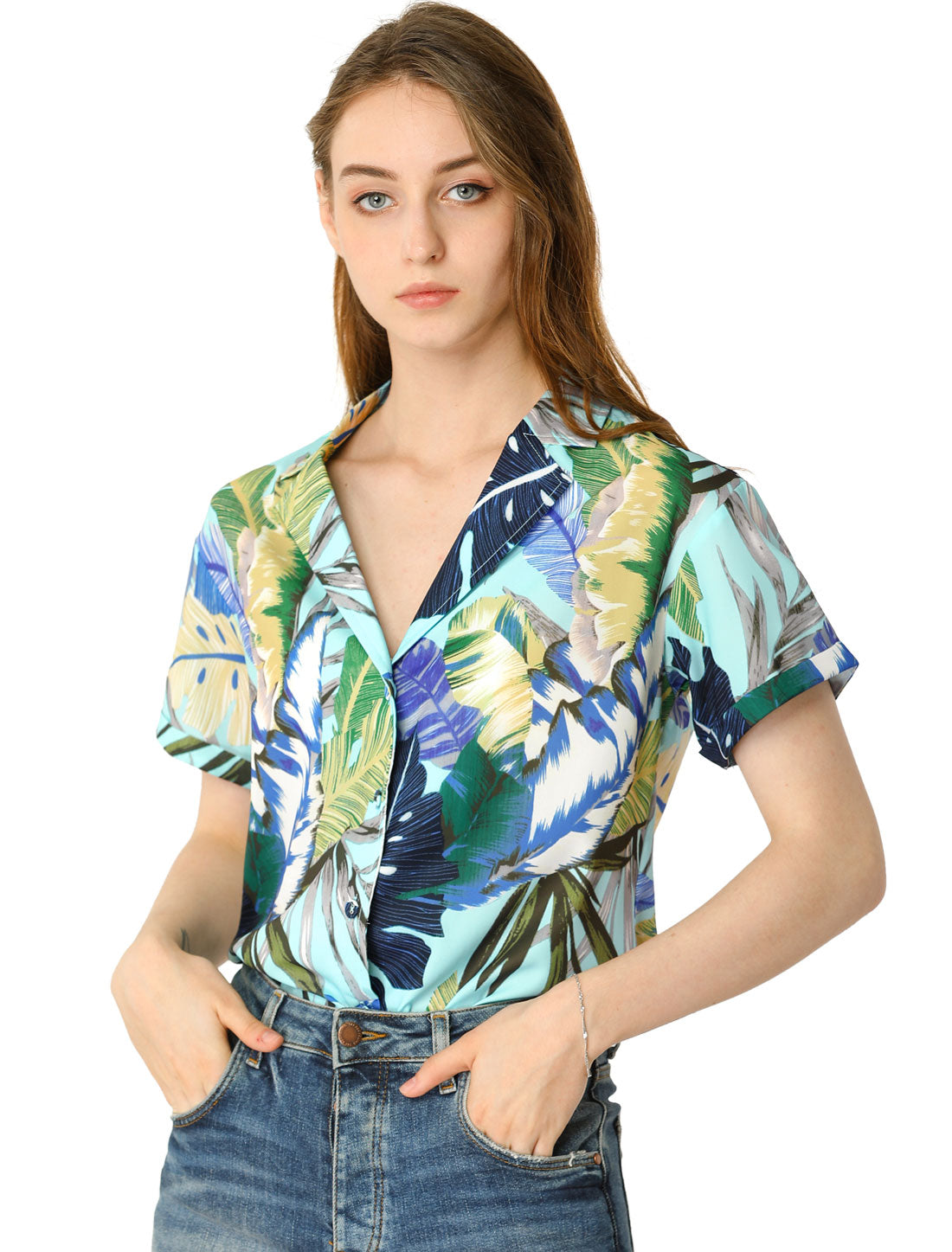 Women's Hawaiian Summer Floral Leaves Printed Short Sleeve Top Tropical Button Down Shirt (Available in Plus Size)
