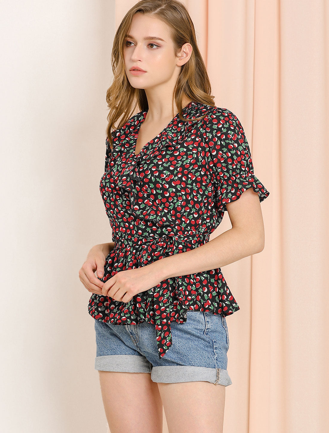 Women's Peplum Top Crossover V Neck Ruffle Wrap Blouse