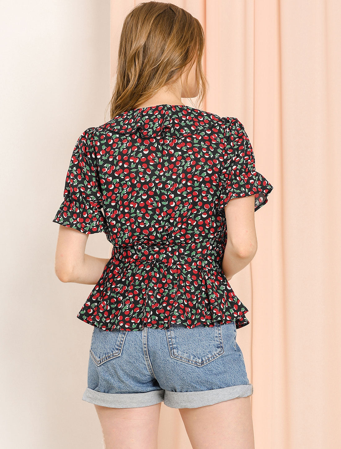 Women's Peplum Top Crossover V Neck Ruffle Wrap Blouse