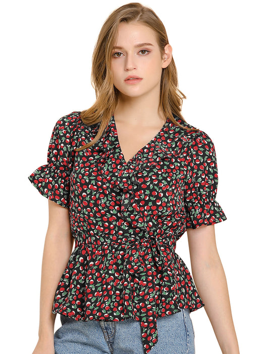 Women's Peplum Top Crossover V Neck Ruffle Wrap Blouse