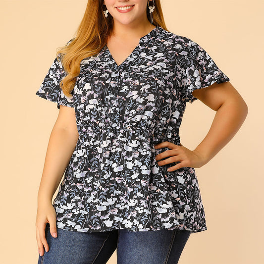 Women's Plus Size Floral Tops Elastic Waist Lightweight Chiffon Blouses Summer Top