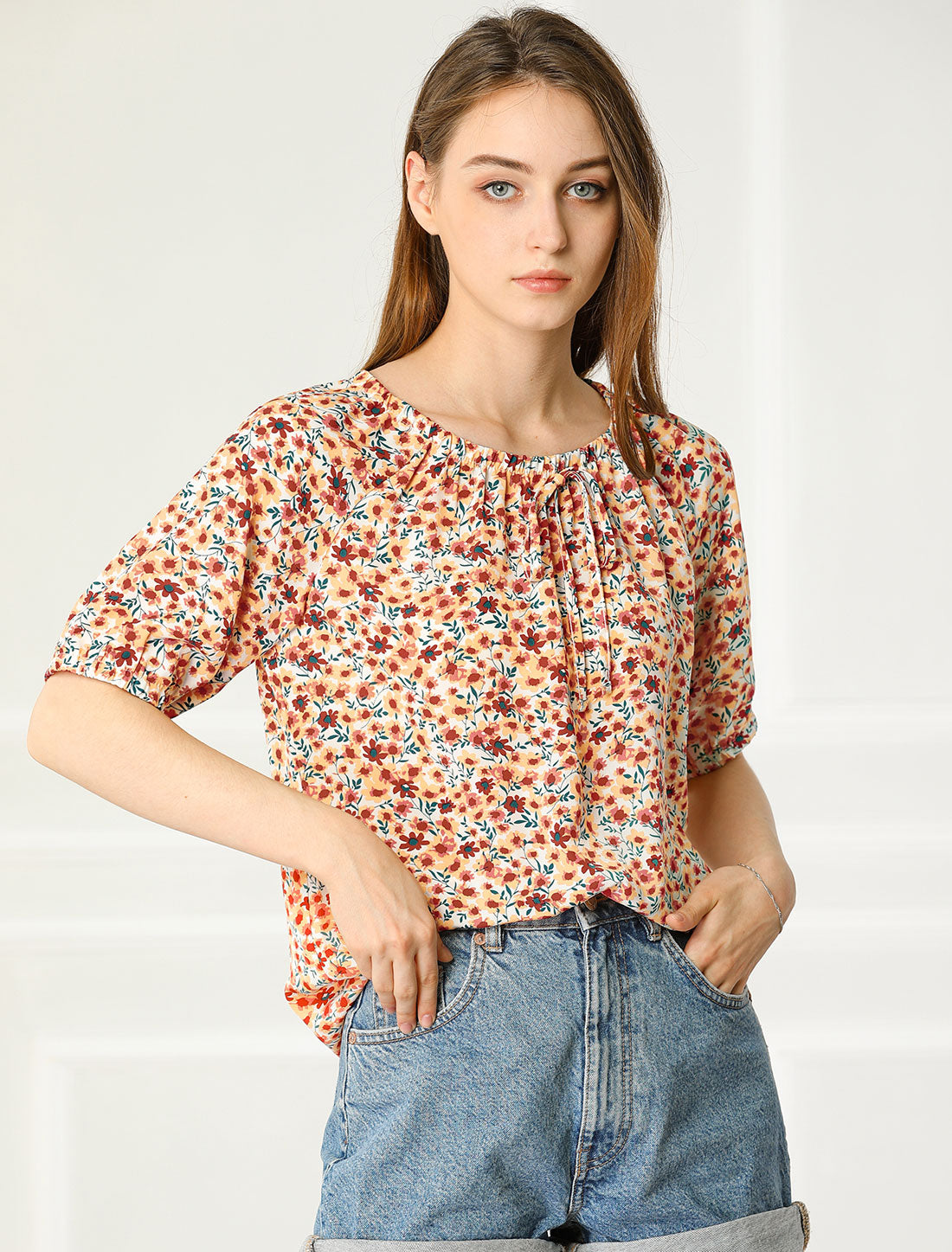 Women's Floral Blouse Puff Short Sleeve Peasant Top