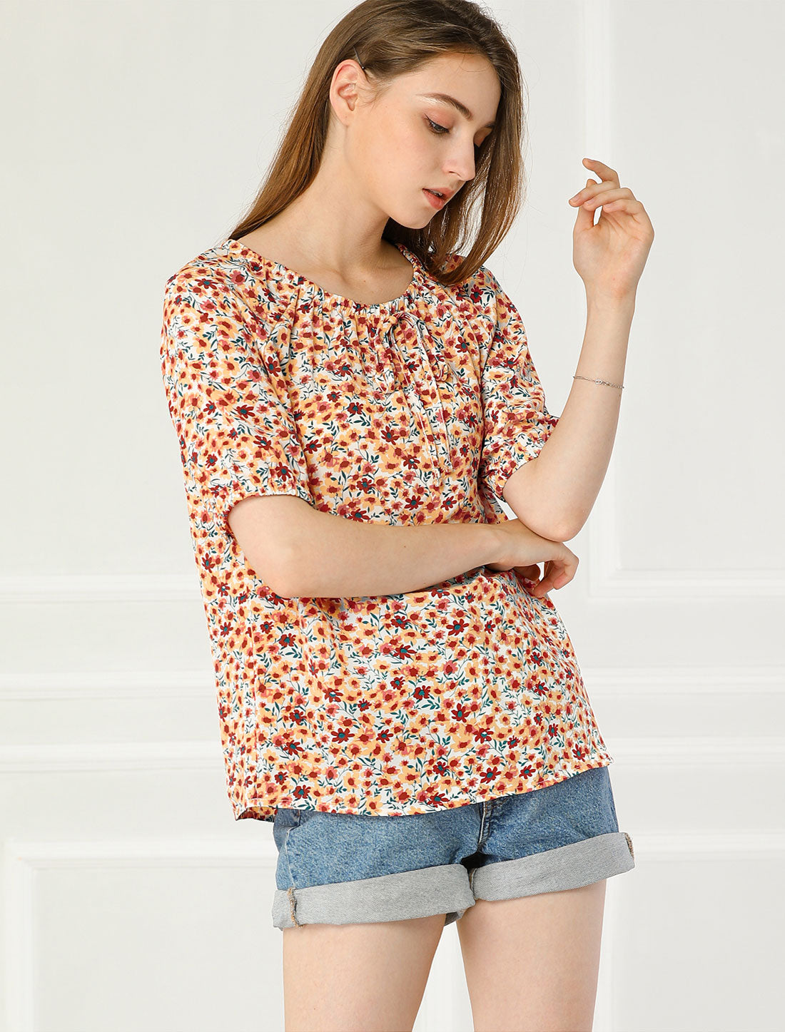 Women's Floral Blouse Puff Short Sleeve Peasant Top