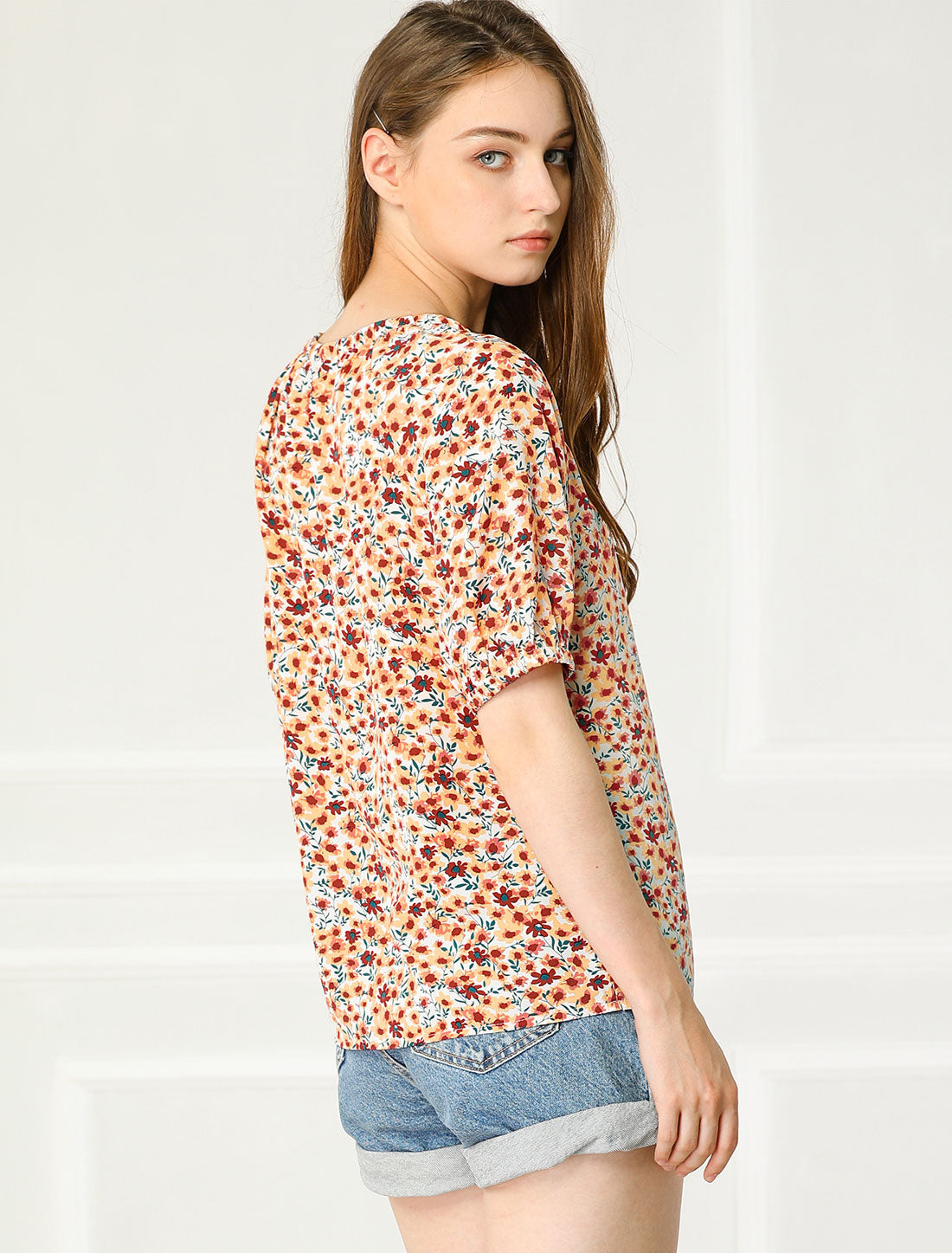 Women's Floral Blouse Puff Short Sleeve Peasant Top