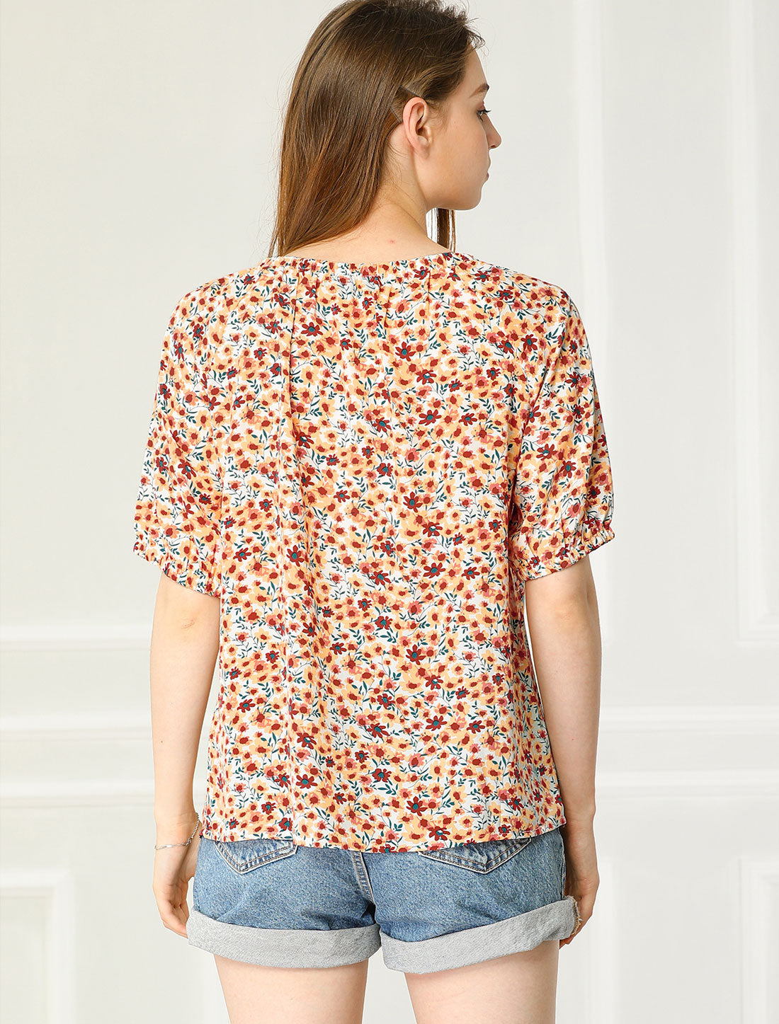 Women's Floral Blouse Puff Short Sleeve Peasant Top