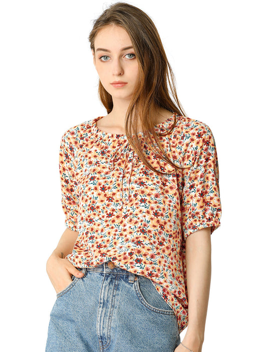 Women's Floral Blouse Puff Short Sleeve Peasant Top