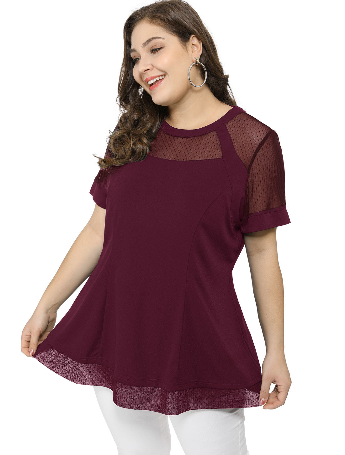 Women's Plus Size Round Neck Peplum Short Sleeve Mesh Sheer Blouse Summer Top