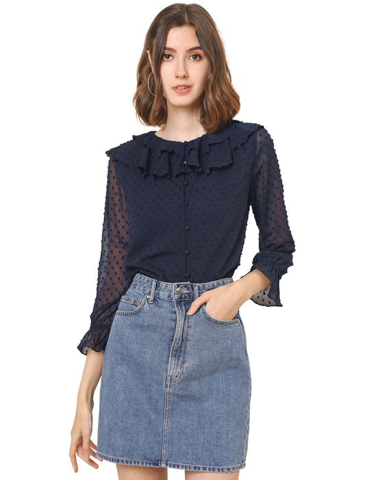 Women's Swiss Dots Bracelet Sleeves Chiffon Boho Ruffle Neck Blouse