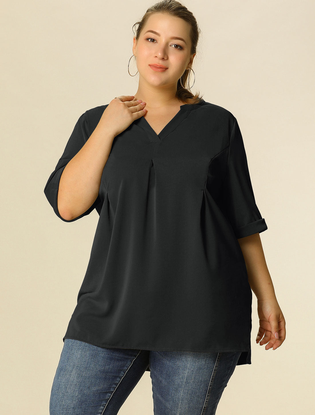 Women's Plus Size Blouse V Neck Casual Solid Blouses 1/2 Sleeve Tunic Top