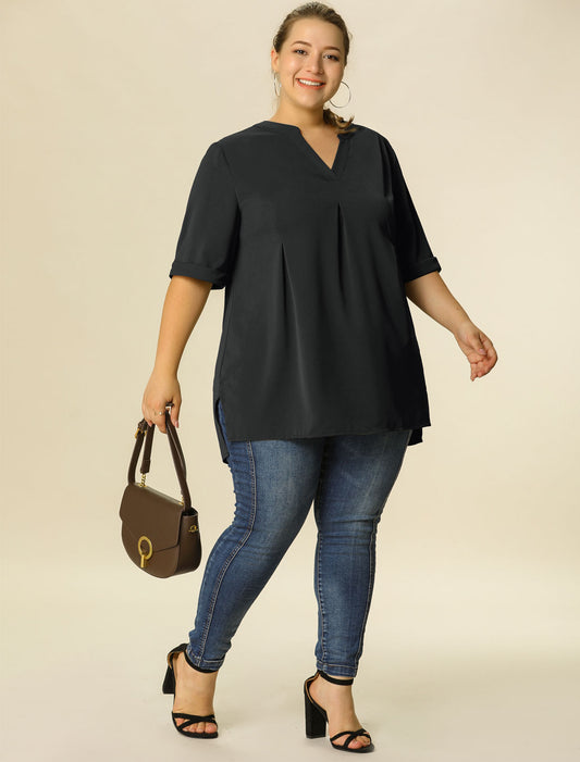 Women's Plus Size Blouse V Neck Casual Solid Blouses 1/2 Sleeve Tunic Top