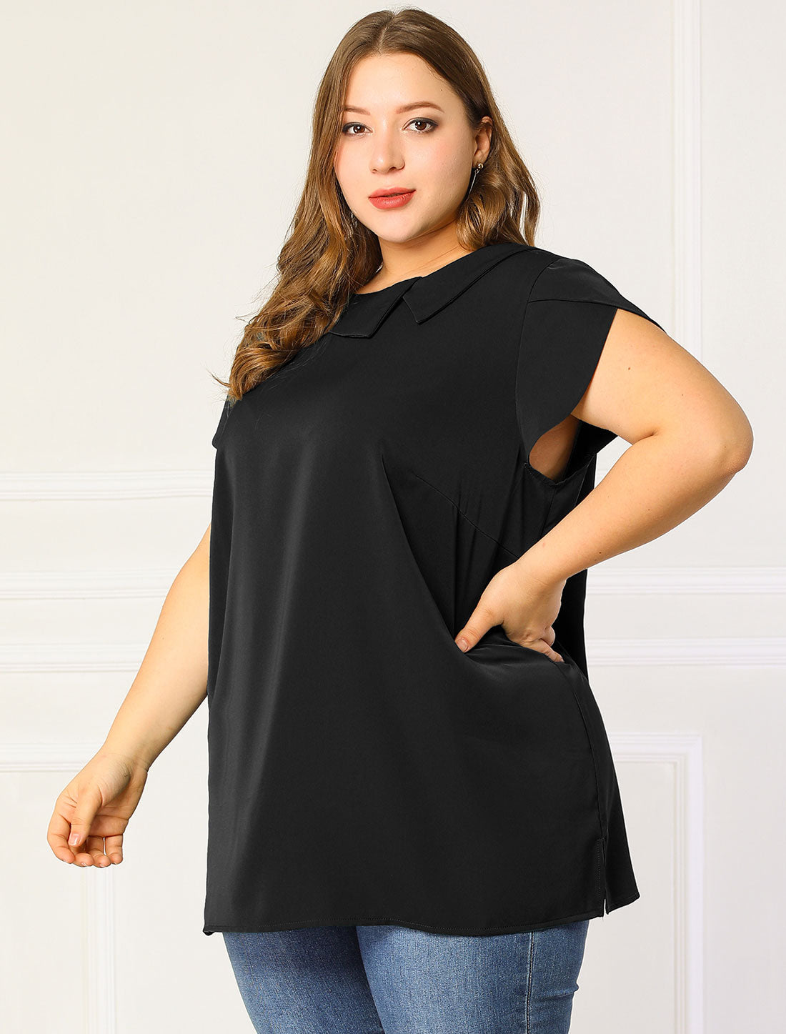 Women Plus Size Boat Lapel Neck Short Sleeve Chiffon Blouse Summer Top