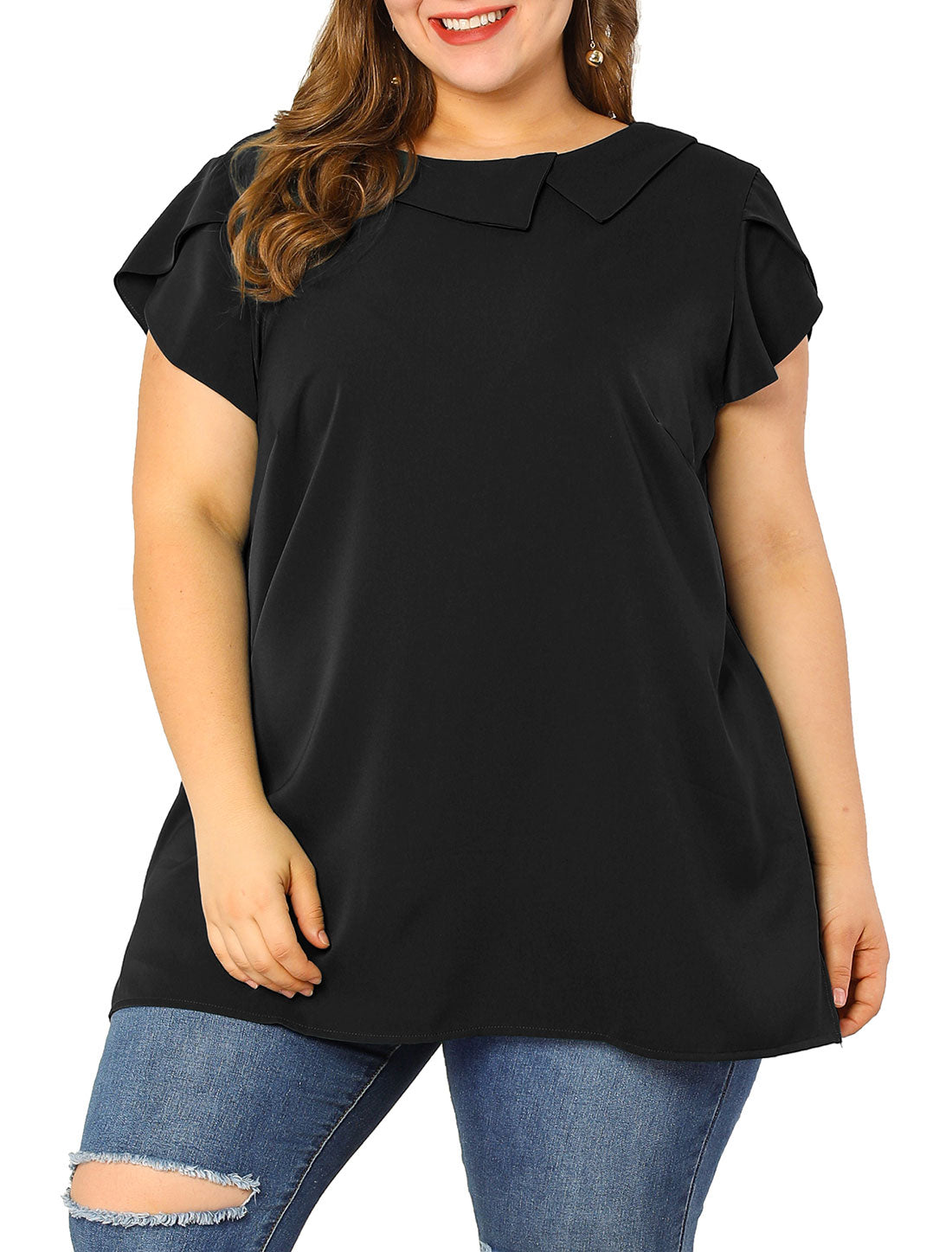Women Plus Size Boat Lapel Neck Short Sleeve Chiffon Blouse Summer Top