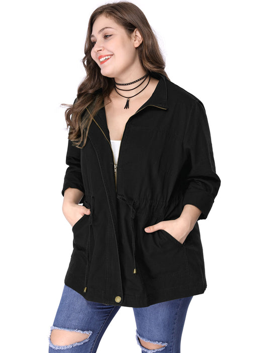 Women's Plus Size Jackets Lightweight Anorak Drawstring Utility Jacket with Pockets