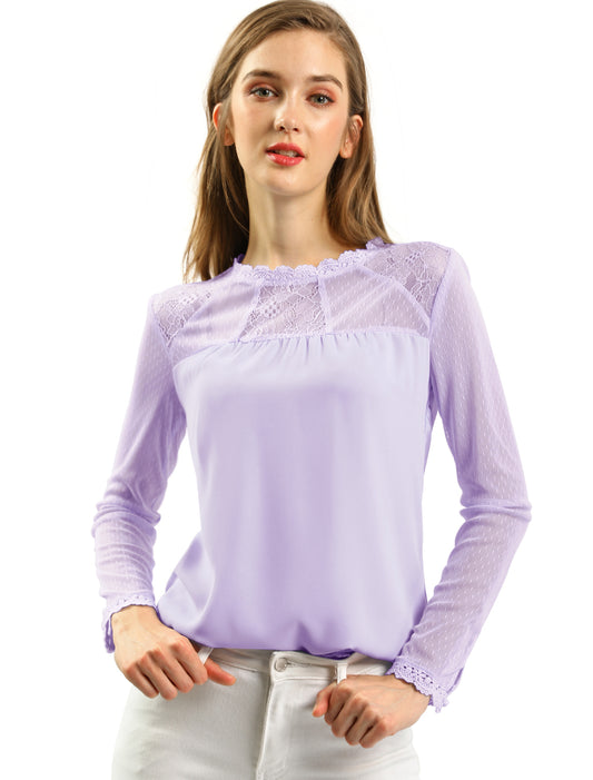 Women's Chiffon Top Elegant Sheer Mesh Lace Long Sleeve Blouse