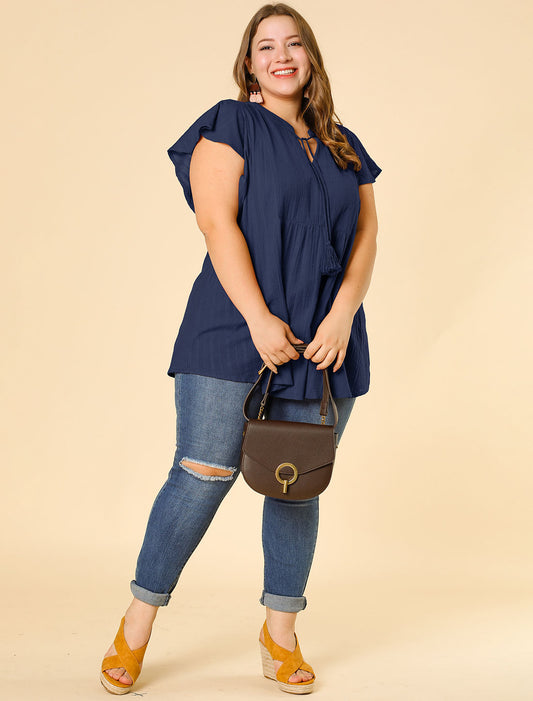 Women Plus Size V Neck Tassel Self Tie Flutter Short Sleeve Blouse Flowy Summer Top