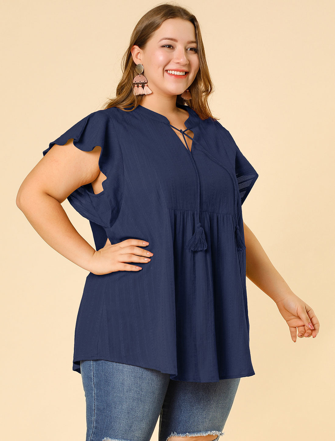 Women Plus Size V Neck Tassel Self Tie Flutter Short Sleeve Blouse Flowy Summer Top