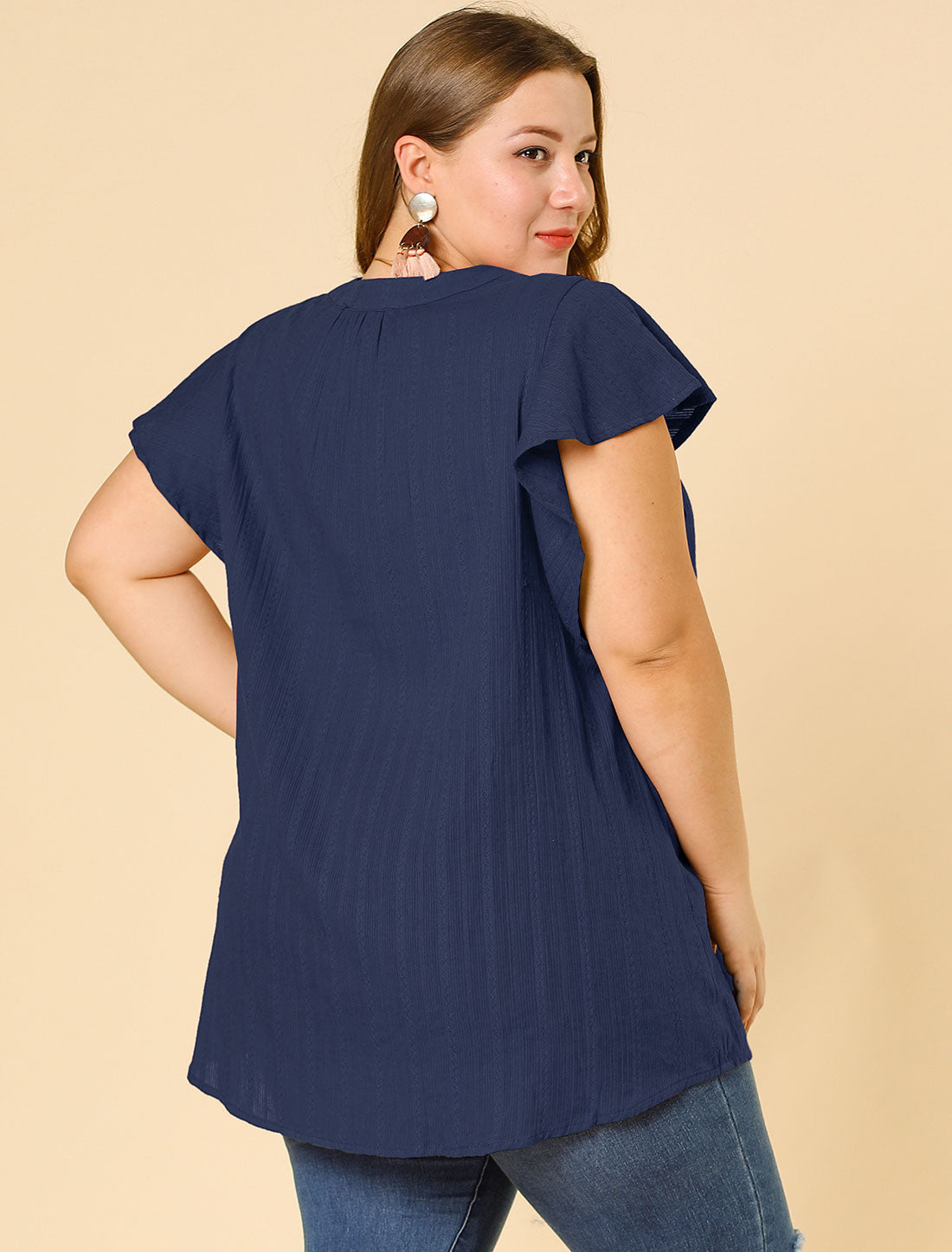 Women Plus Size V Neck Tassel Self Tie Flutter Short Sleeve Blouse Flowy Summer Top