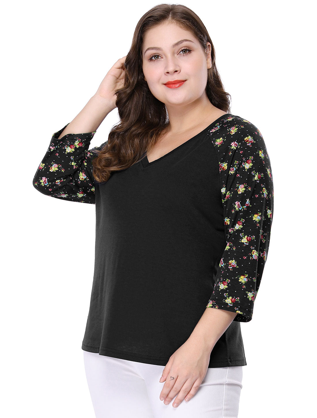 Women's Plus Size Top Casual V Neck 3/4 Sleeve Floral Raglan Top T-Shirt