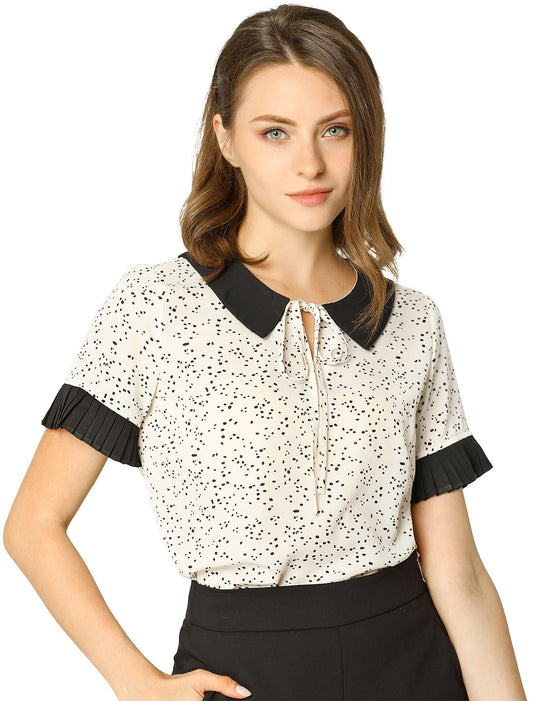 Blusa de manga corta con lunares y cuello de muñeca en contraste para mujer