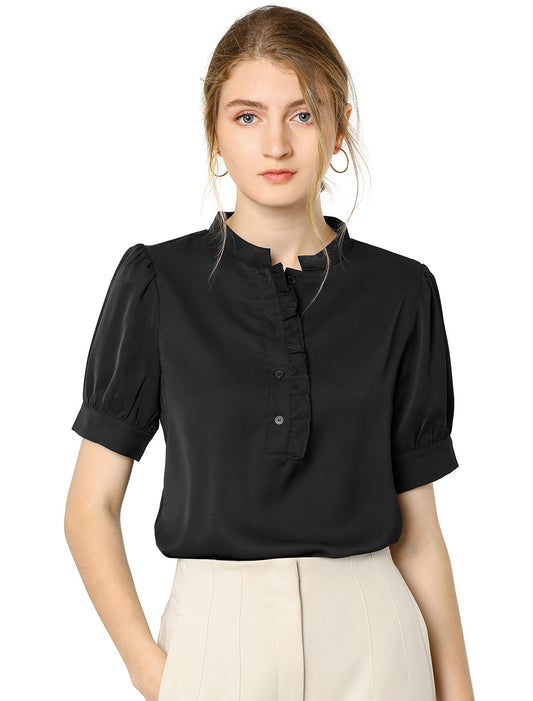 Women's Retrp Workwear Half Placket Puff Sleeve Ruffled Blouse Top