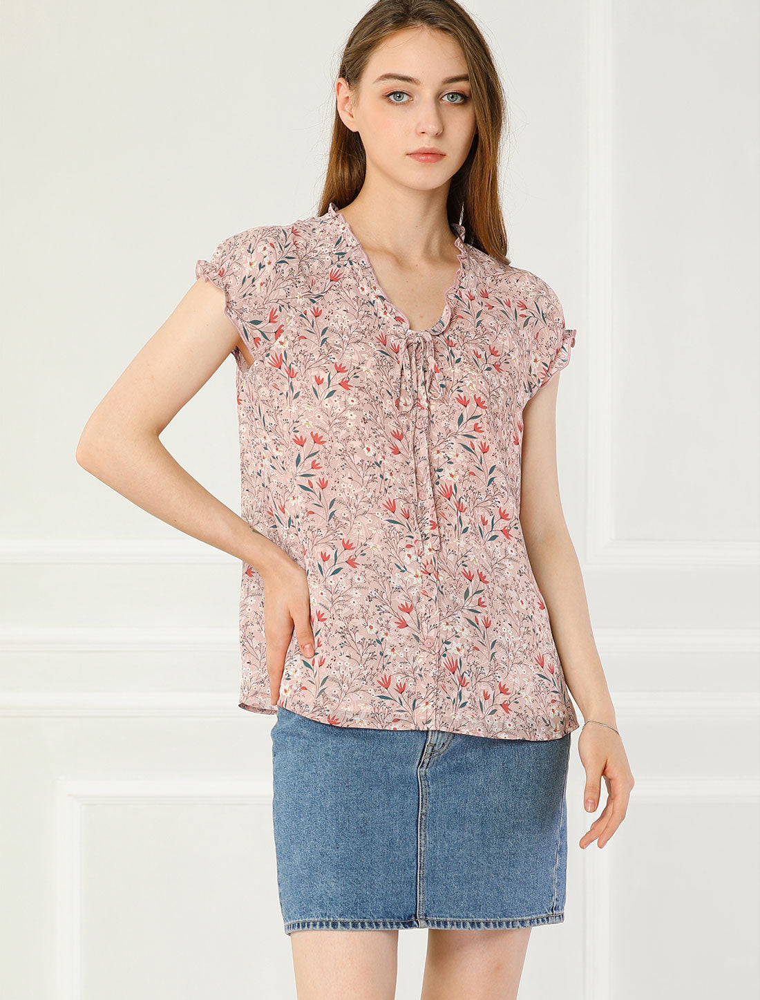 Blusa de gasa con volantes, mangas cortas y cuello en V con estampado floral de verano para mujer
