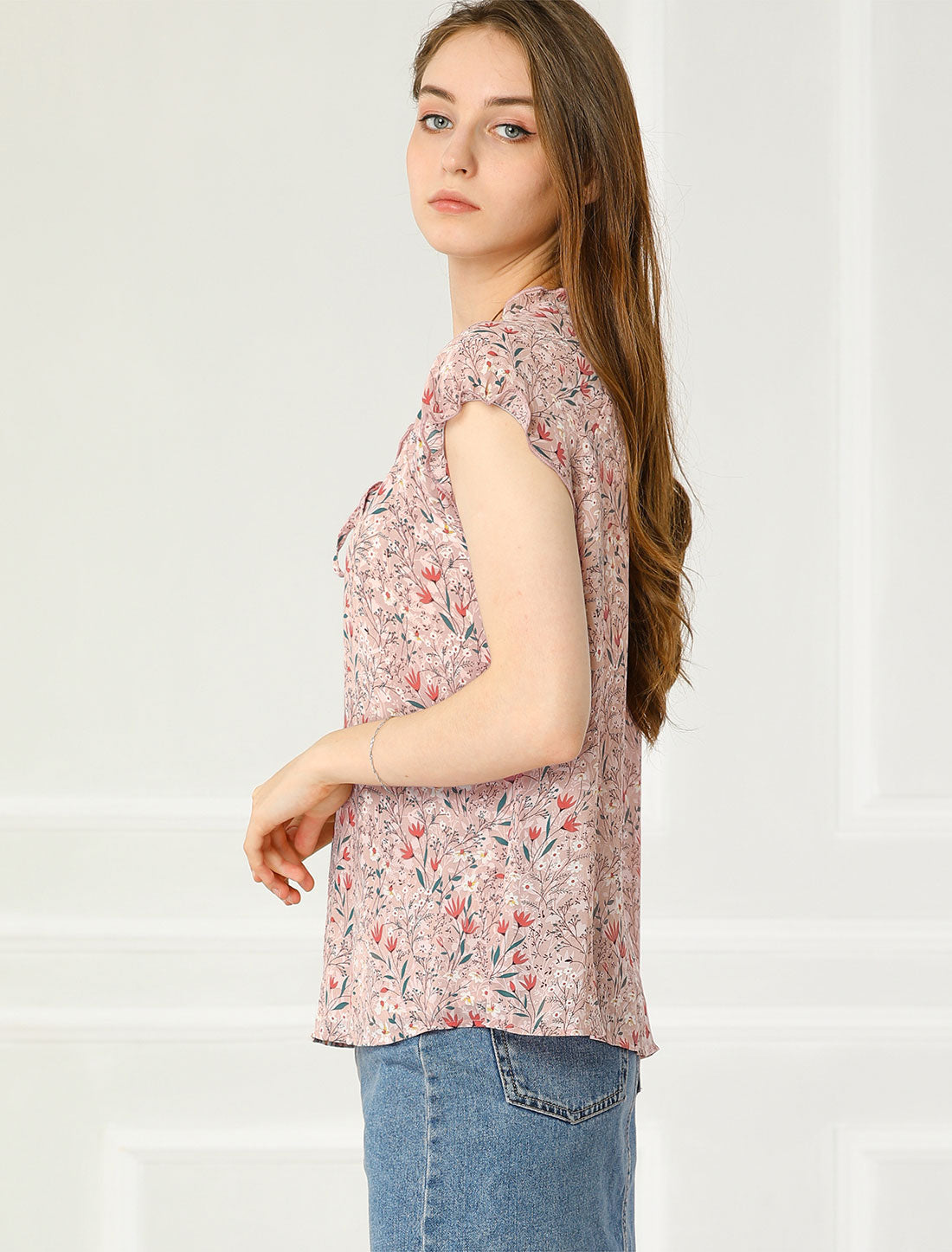 Blusa de gasa con volantes, mangas cortas y cuello en V con estampado floral de verano para mujer