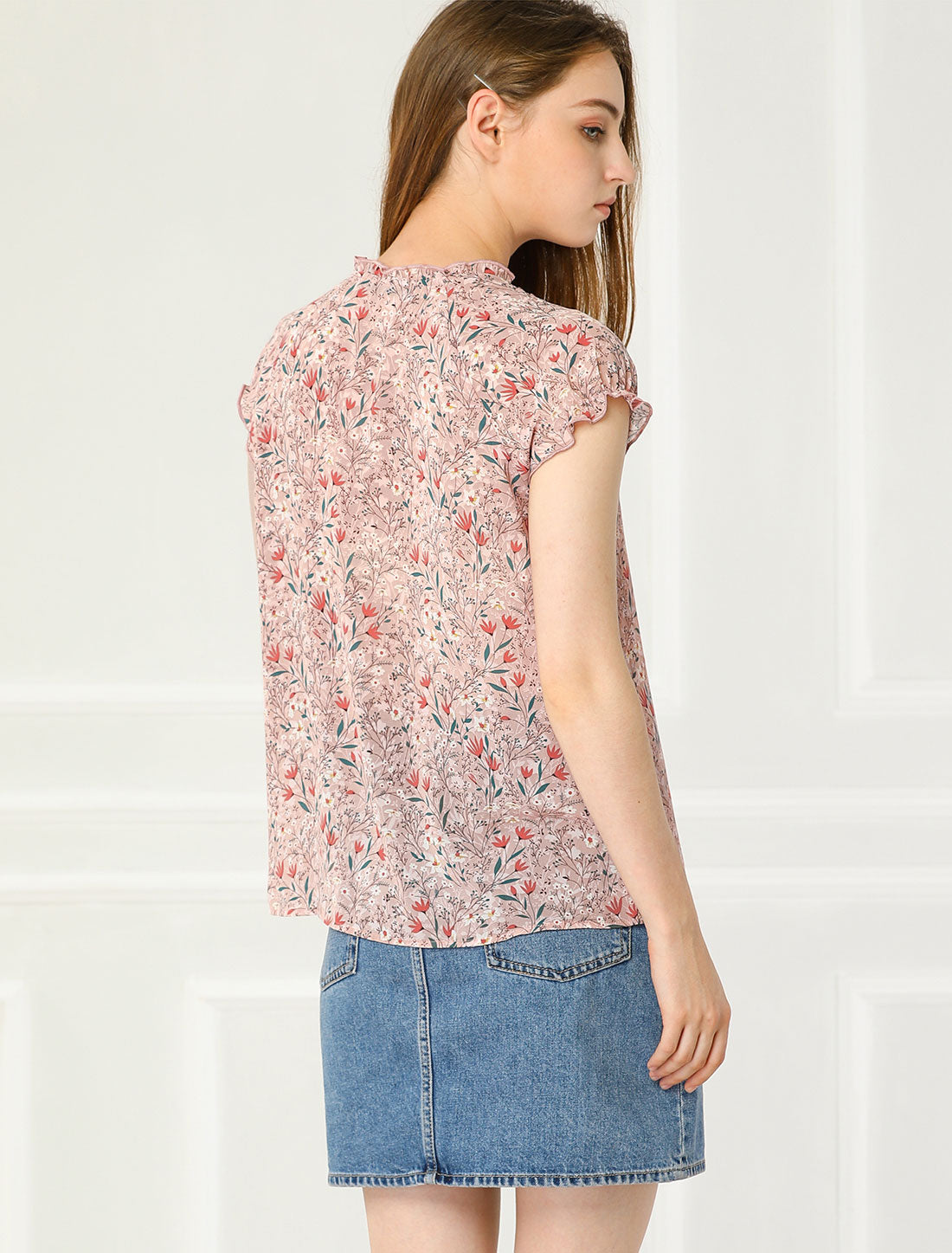 Women's Floral Summer V Neck Short Cap Sleeve Ruffle Chiffon Blouse