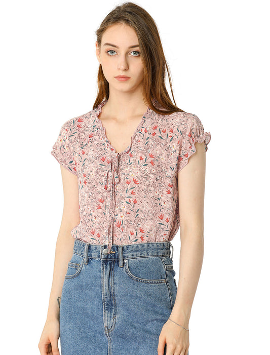 Blusa de gasa con volantes, mangas cortas y cuello en V con estampado floral de verano para mujer