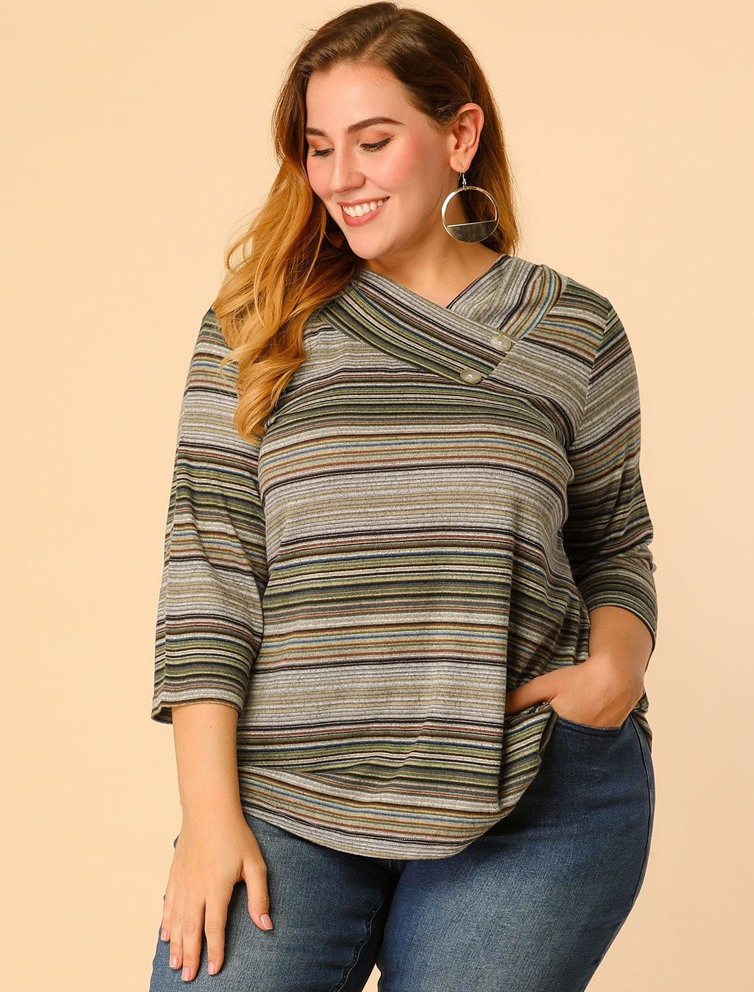 Women Plus Size Top 3/4 Sleeve Knit Striped Boho Asymmetric Neck T-Shirt Blouse