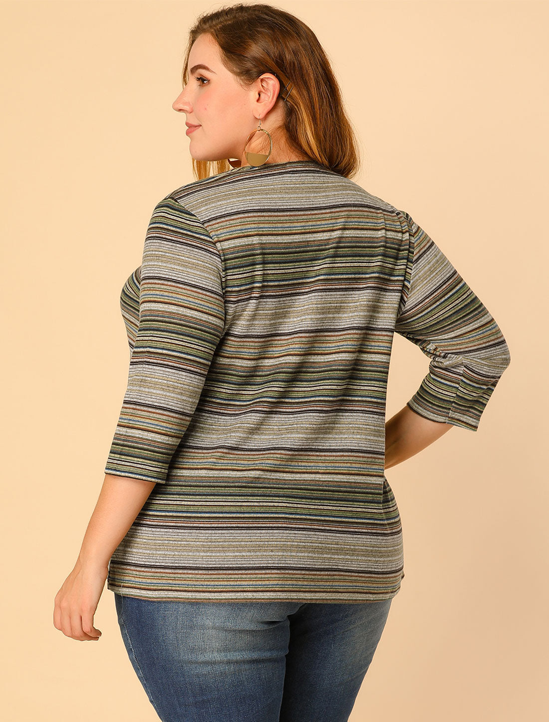 Women Plus Size Top 3/4 Sleeve Knit Striped Boho Asymmetric Neck T-Shirt Blouse