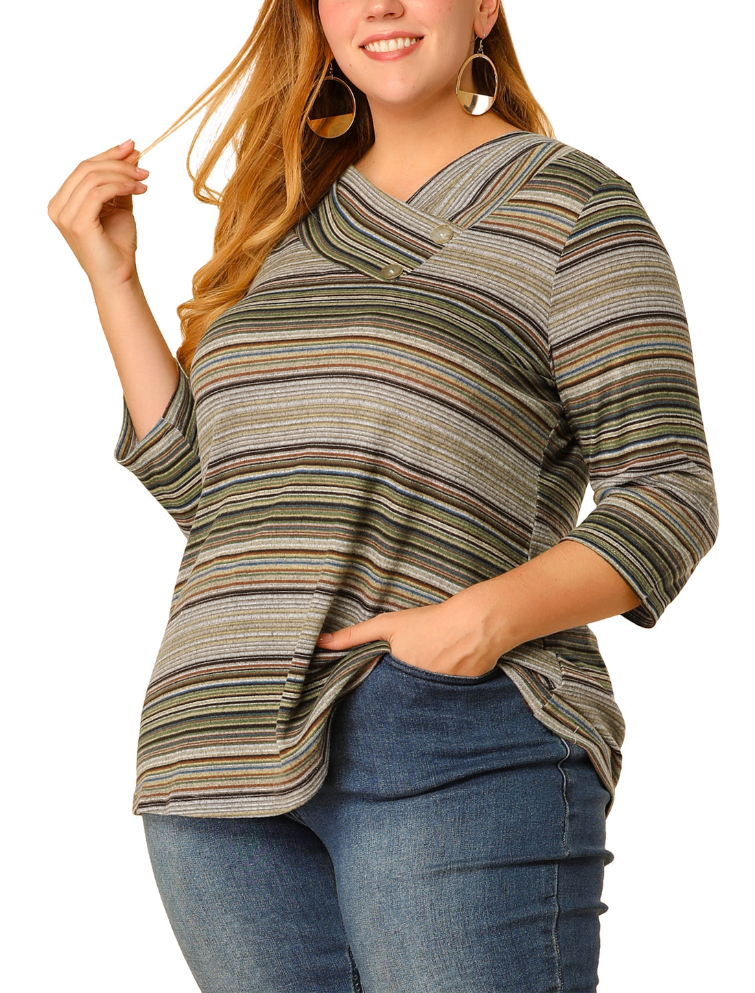 Women Plus Size Top 3/4 Sleeve Knit Striped Boho Asymmetric Neck T-Shirt Blouse