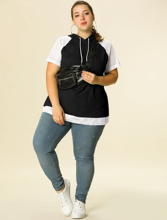 Women's Plus Size Hoodie Raglan Short Sleeves Sport Drawstring Hoodies Loose Casual Summer Top
