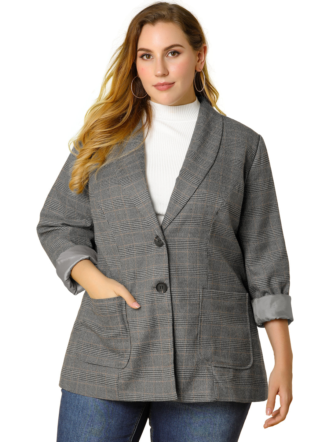 Blazer a cuadros de talla grande para mujer, chaqueta de solapa, blazer de oficina de botonadura sencilla