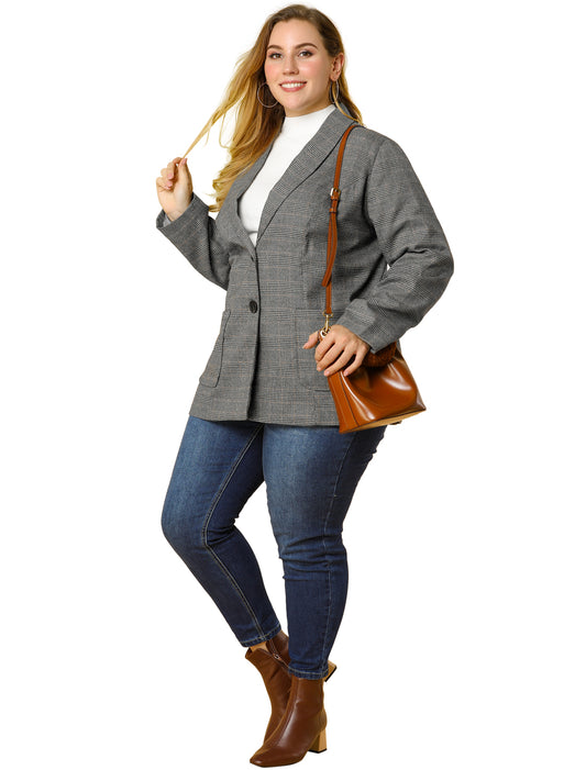 Blazer a cuadros de talla grande para mujer, chaqueta de solapa, blazer de oficina de botonadura sencilla