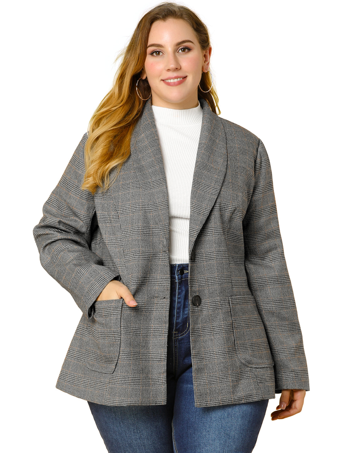 Blazer a cuadros de talla grande para mujer, chaqueta de solapa, blazer de oficina de botonadura sencilla