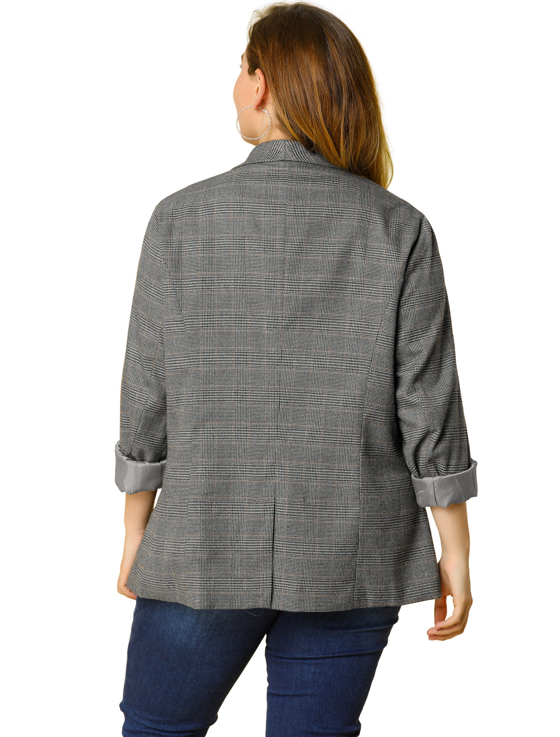 Blazer a cuadros de talla grande para mujer, chaqueta de solapa, blazer de oficina de botonadura sencilla