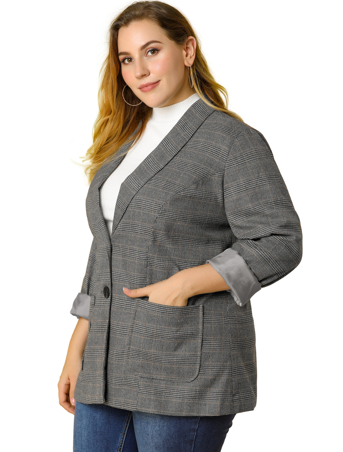 Blazer a cuadros de talla grande para mujer, chaqueta de solapa, blazer de oficina de botonadura sencilla