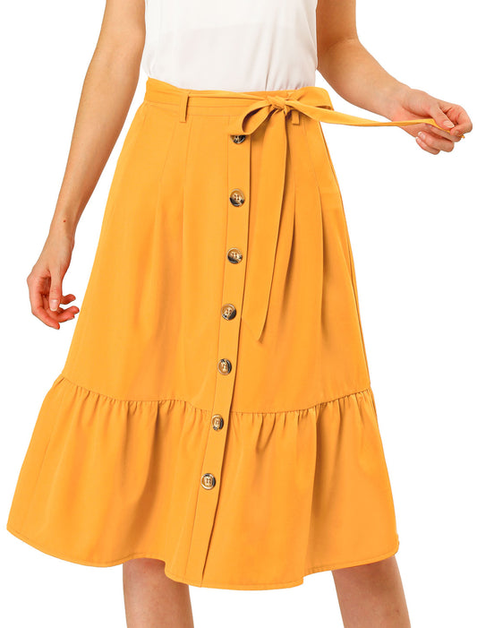 Women's Retro Button Front Tie Waist Flowy A-Line Chiffon Ruffle Midi Skirt