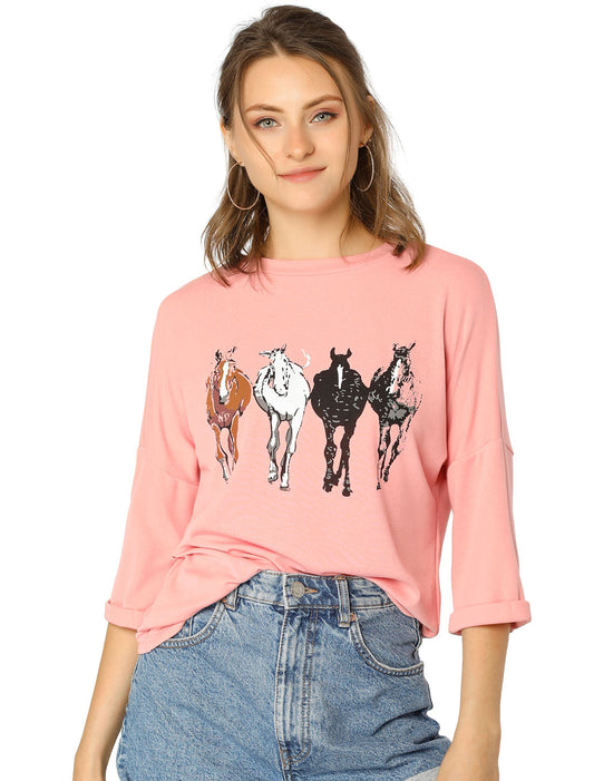 Women's Drop Shoulder 3/4 Sleeves Horse Print Loose Top