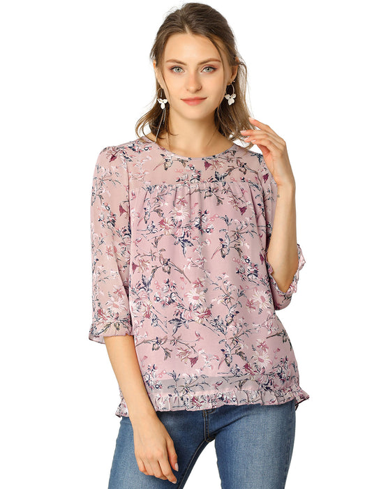 Women's Casual Ruffle 3/4 Sleeve Floral Print Chiffon Blouse (Available in Plus Size)