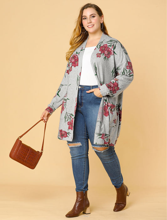 Women's Plus Size Lightweight Casual Long Sleeve Floral Knit Cardigans with Pockets