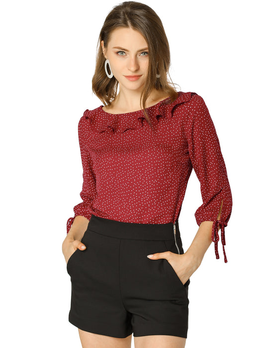Women's Ruffled Collar Polka Dots 3/4 Sleeve Blouse (Available in Plus Size)