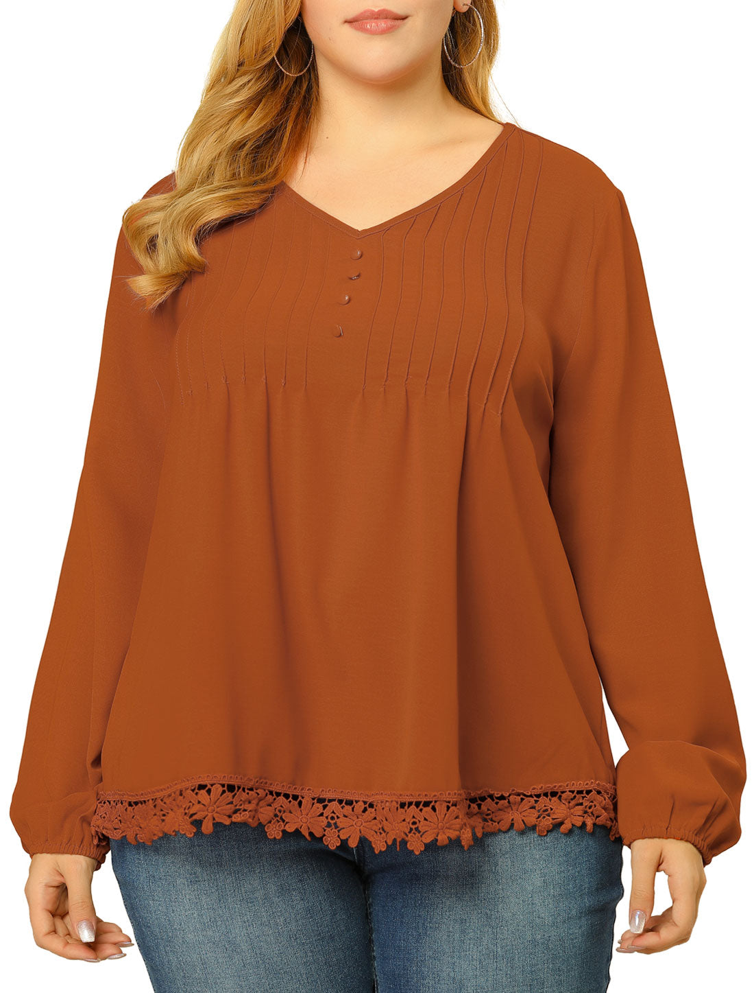 Women's Plus Size Top Casual Long Sleeves Pleated Lace Hollow Chiffon Blouse