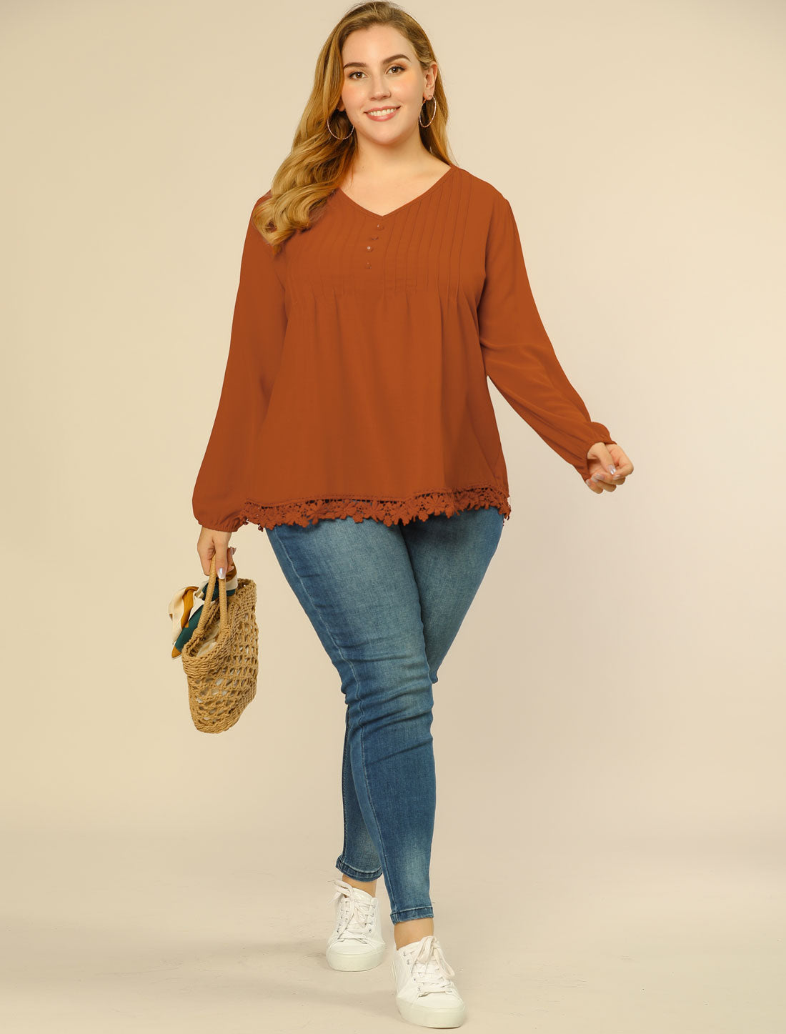 Women's Plus Size Top Casual Long Sleeves Pleated Lace Hollow Chiffon Blouse