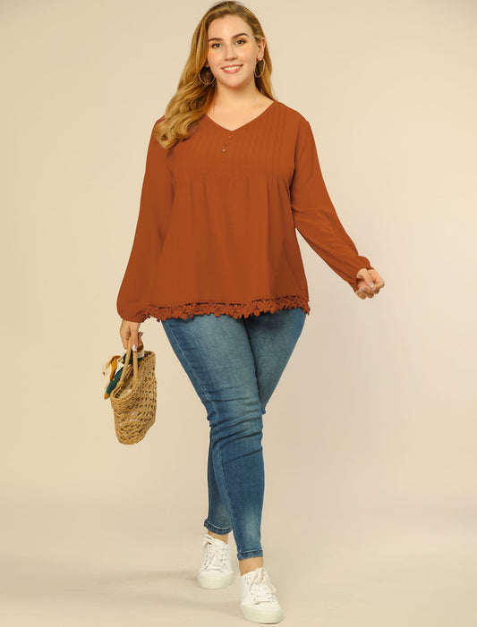 Women's Plus Size Top Casual Long Sleeves Pleated Lace Hollow Chiffon Blouse
