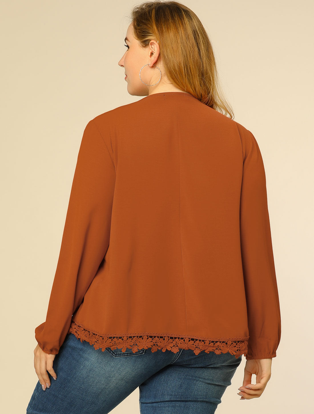 Women's Plus Size Top Casual Long Sleeves Pleated Lace Hollow Chiffon Blouse
