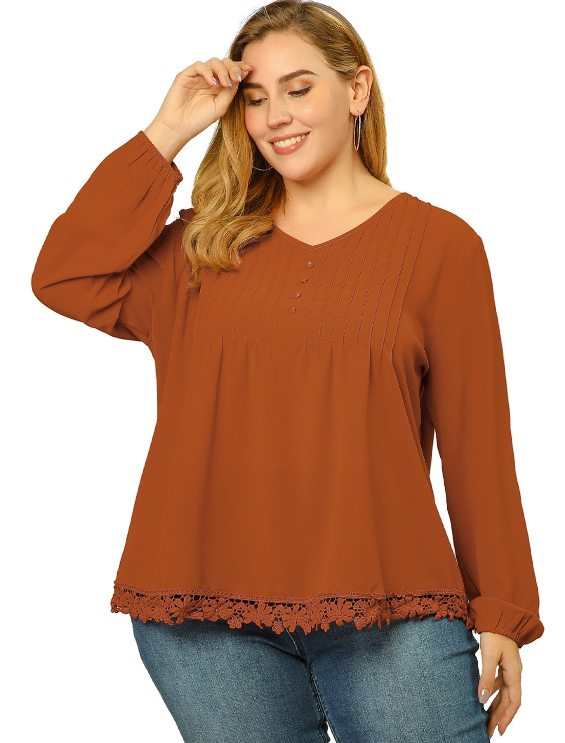 Women's Plus Size Top Casual Long Sleeves Pleated Lace Hollow Chiffon Blouse