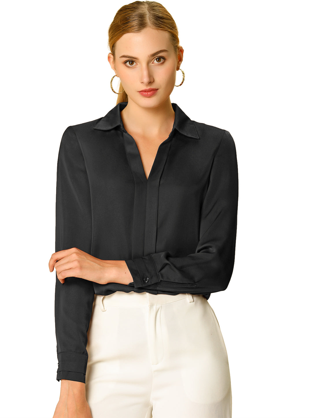 Women's Elegant V Neck Satin Long Sleeve Dressy Business Shirt Work Top (Available in Plus Size)