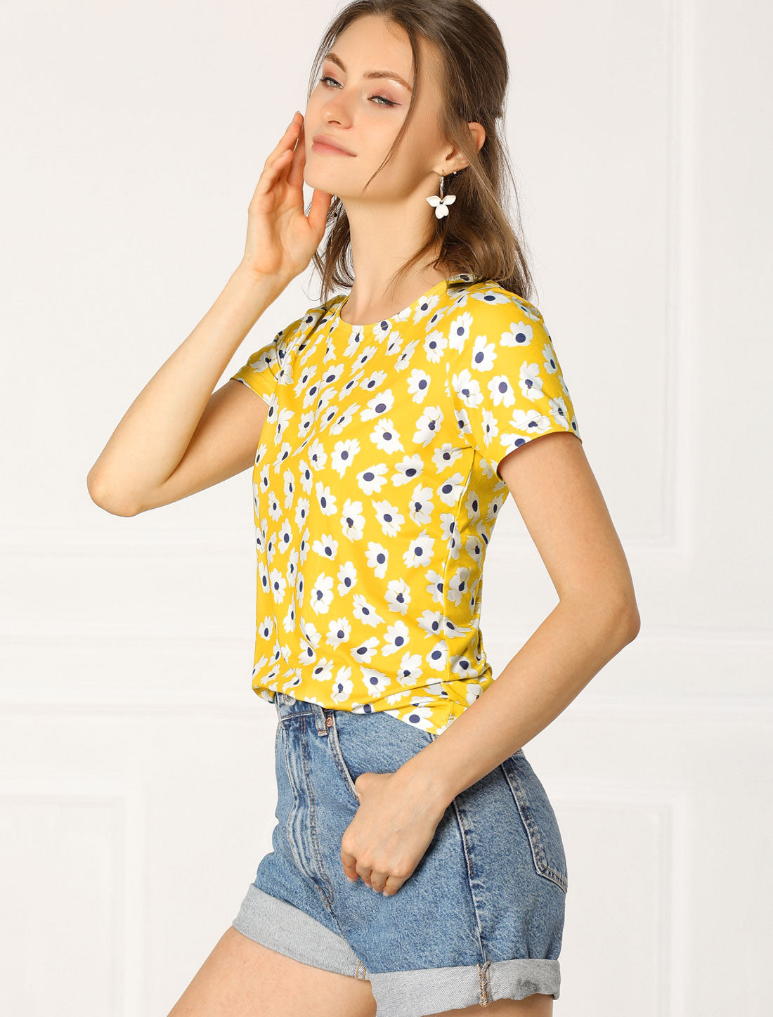 Women's Daisy Floral Top Crew Neck Short Sleeve Summer T-Shirt