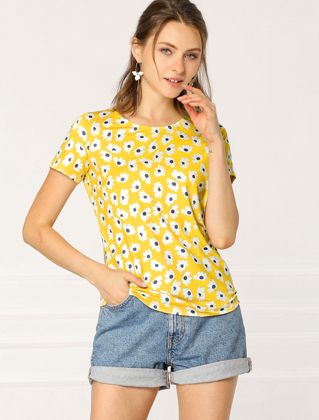 Women's Daisy Floral Top Crew Neck Short Sleeve Summer T-Shirt